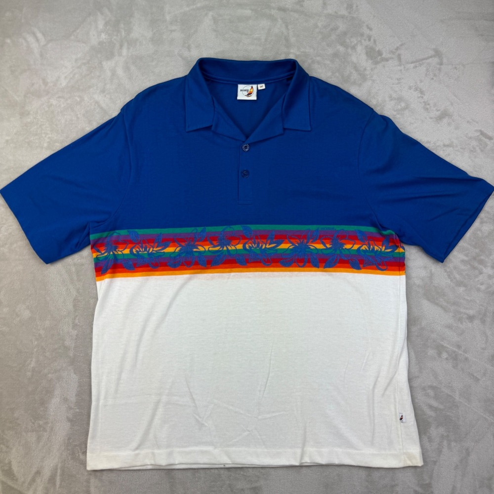 Vintage Hobie Polo Mens 2XT Blue Skate Retro Surf 80s Made in USA Rainbow Stripe